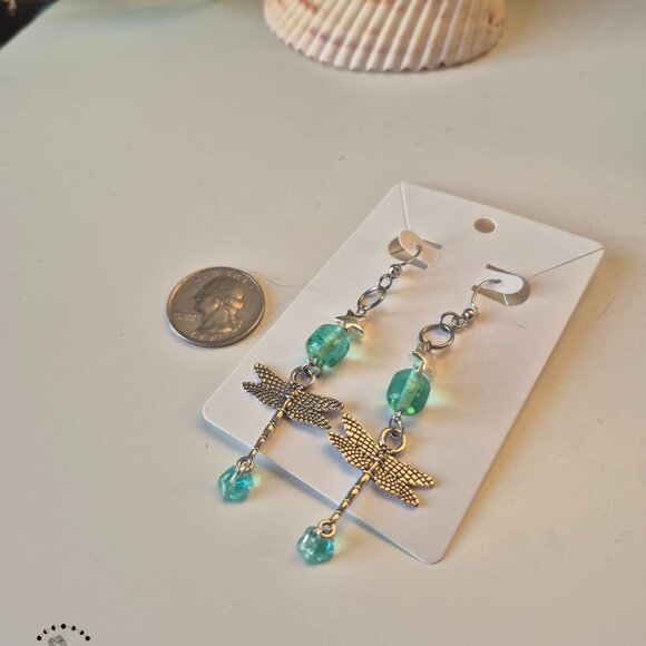 Turquoise Dragonfly Silver Dangle Earrings - Picture 5 of 8